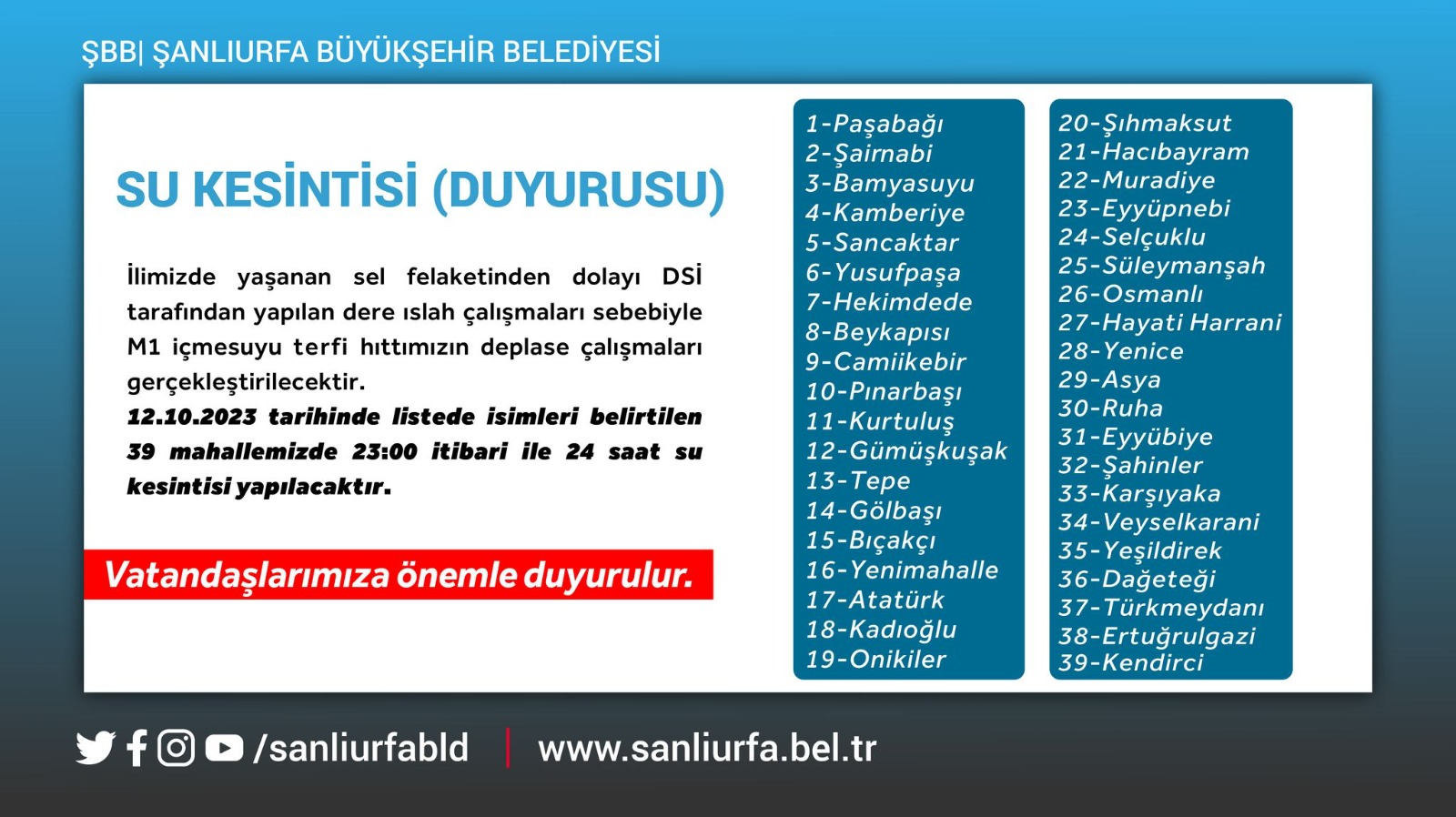 Urfa’da bu mahallelerde 24 saat su kesintisi olacak!