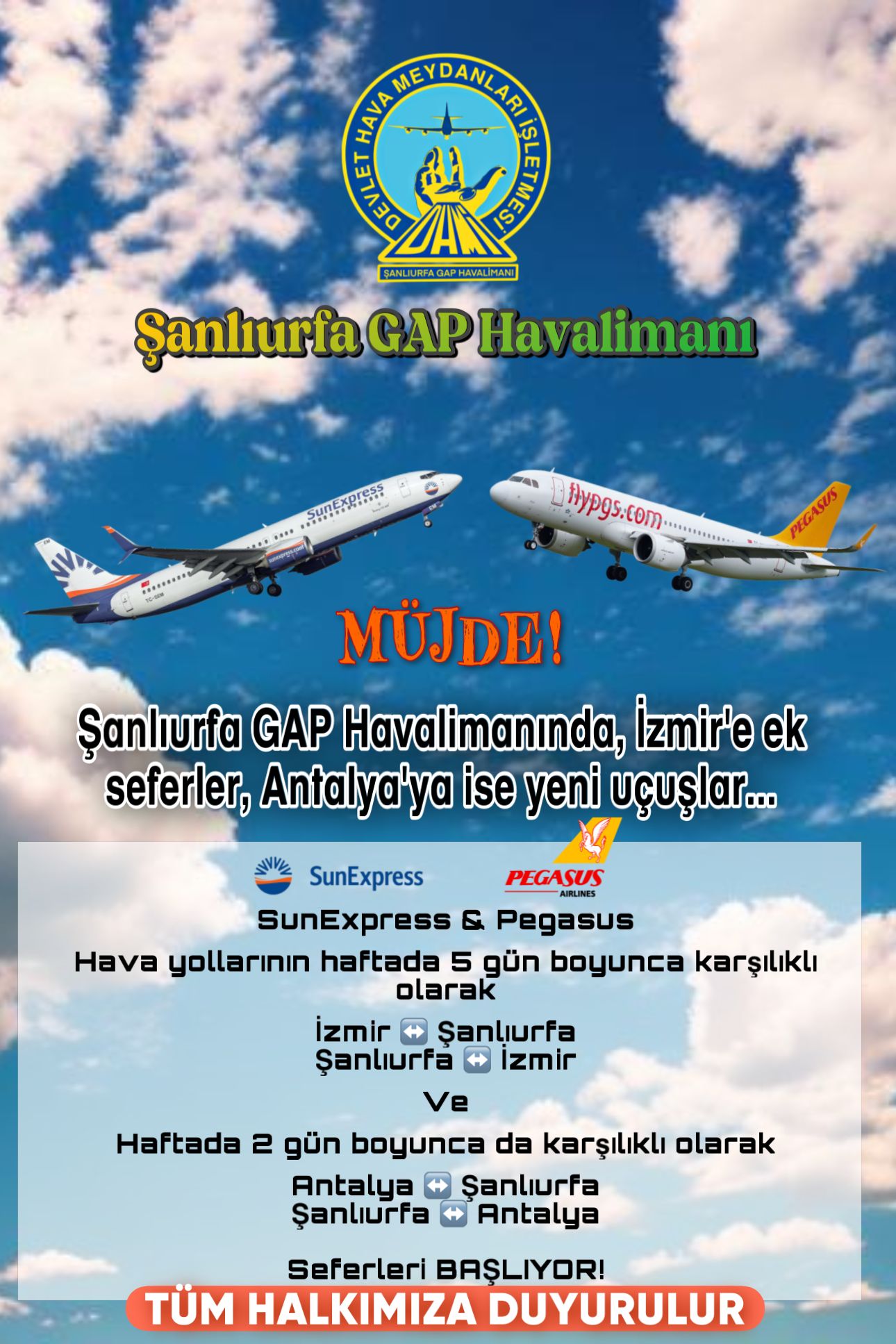 Urfa'dan İzmir ve Antalya'ya uçuşlar başladı
