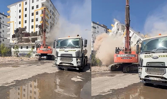 Yıkımı devam eden ağır hasarlı apartman ortadan ikiye ayrıldı