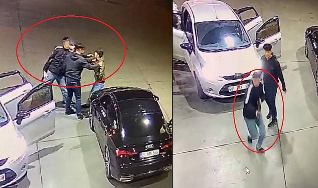 Akaryakıt istasyonunda silahlı grubun genci darbederek araca bindirdiği anlar kamerada