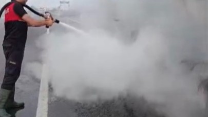 Asfalt yüklü tankerde çıkan yangın söndürüldü