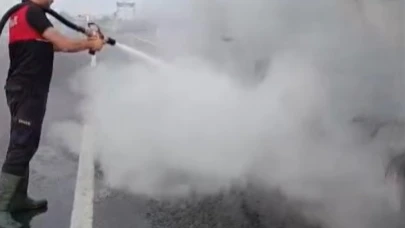 Asfalt yüklü tankerde çıkan yangın söndürüldü