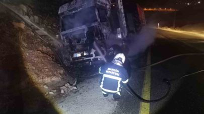 Alevlere teslim olan tır, geceyi aydınlattı