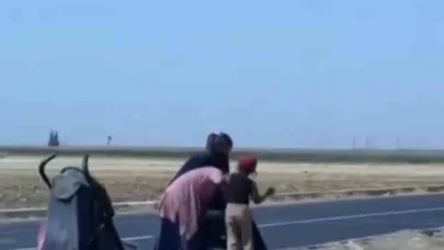 Dilenci kadınlar yol ortasında kavga etti
