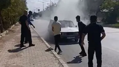 Yanan otomobile beton mikseriyle müdahale