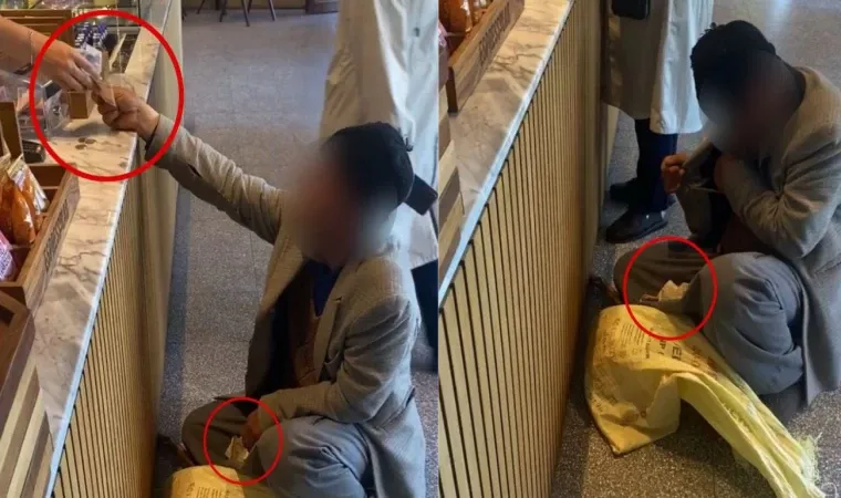 Kafede hasılatını tüm yapan dilenci kamerada