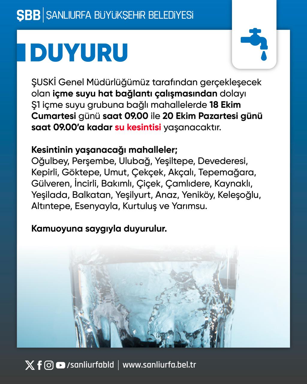 Şanlıurfa'nın birçok noktasında sular kesilecek